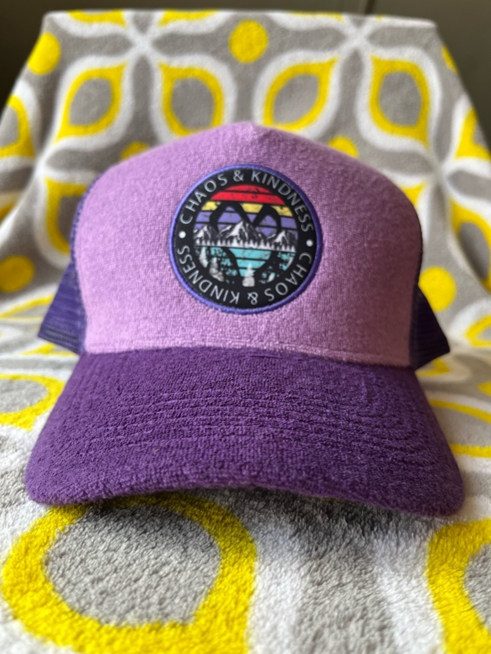 Chaos & Kindness Purple Trucker Hat – Retro Mountain Patch – Vintage Style